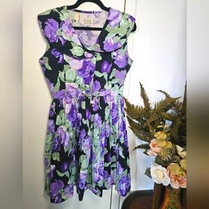Vintage Rose Floral 50s Sleeveless Tea Garden Party Purple Green Black Dress